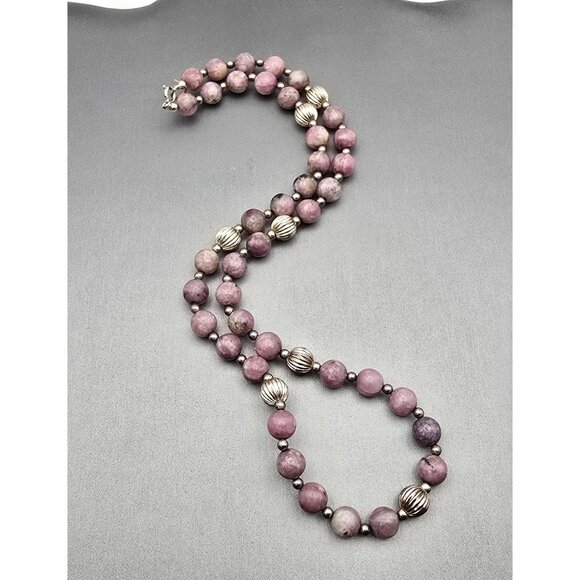 VTG Rhodonite 8mm Beaded Necklace 18" Sterling Silver Spring Clasp & Spacers - Picture 2 of 7